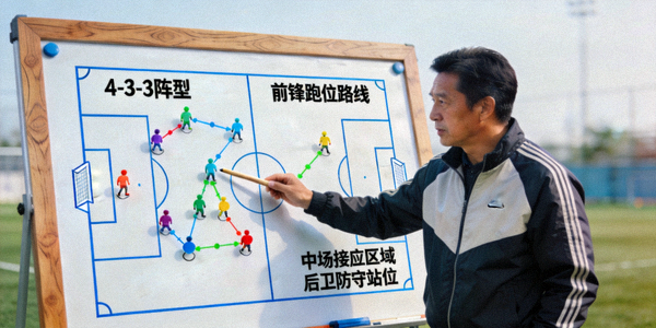 足球战术分析图示 - 教练在战术板上讲解阵型与跑位